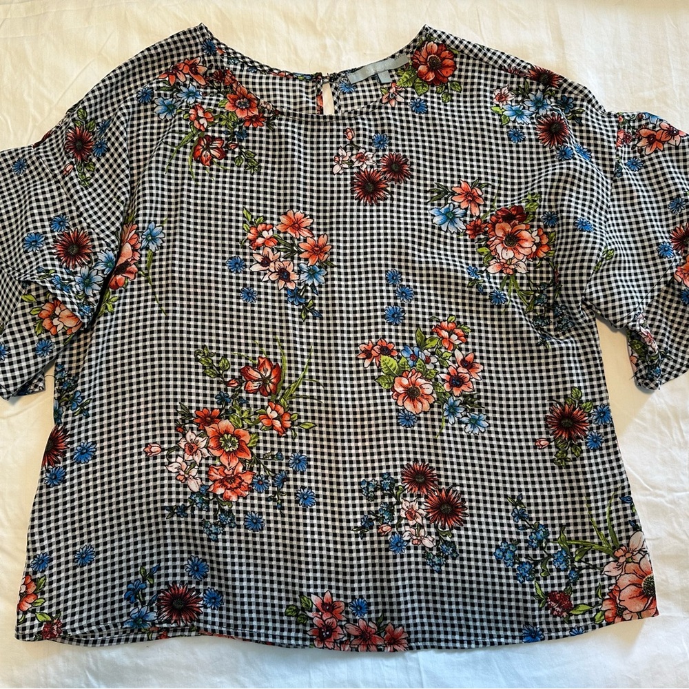 Sweet Rain Floral Checkered Blouse - Black, White, Red, Blue